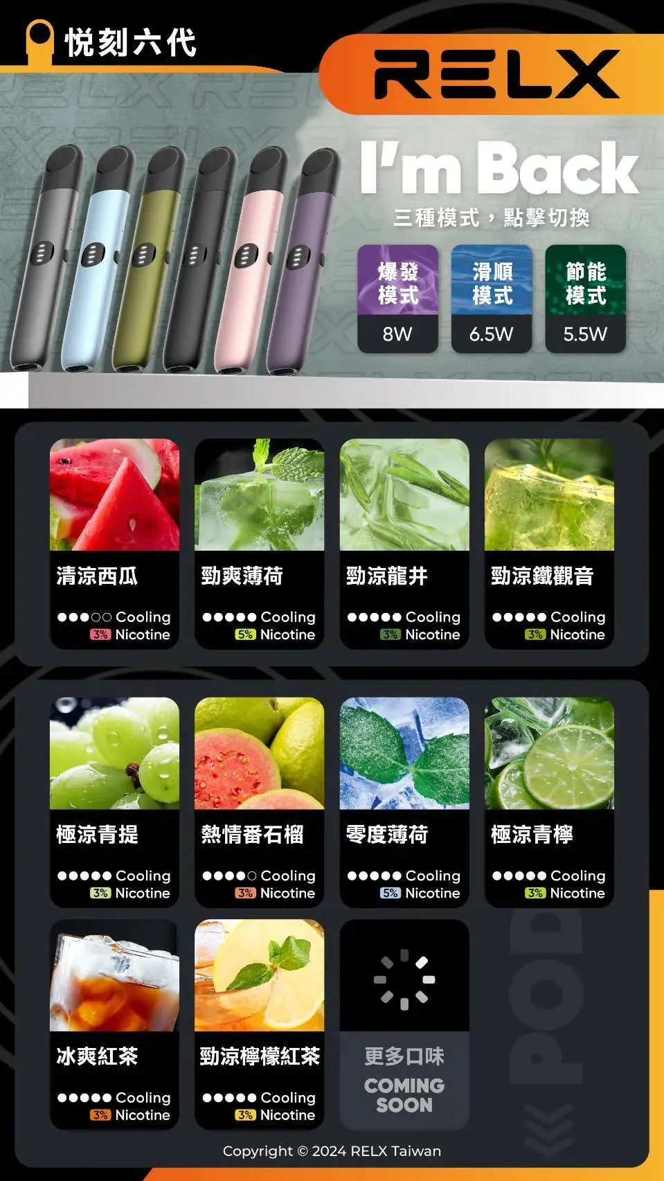 【買3盒加350送RELX主機 買10贈2】六代通用強效煙彈 地表最強福利組合!四/五/六代主機全方位適配 3%~5% 醇熟丁鹽交織出如絲綢般的擊喉體感 台灣現貨:圖片 2